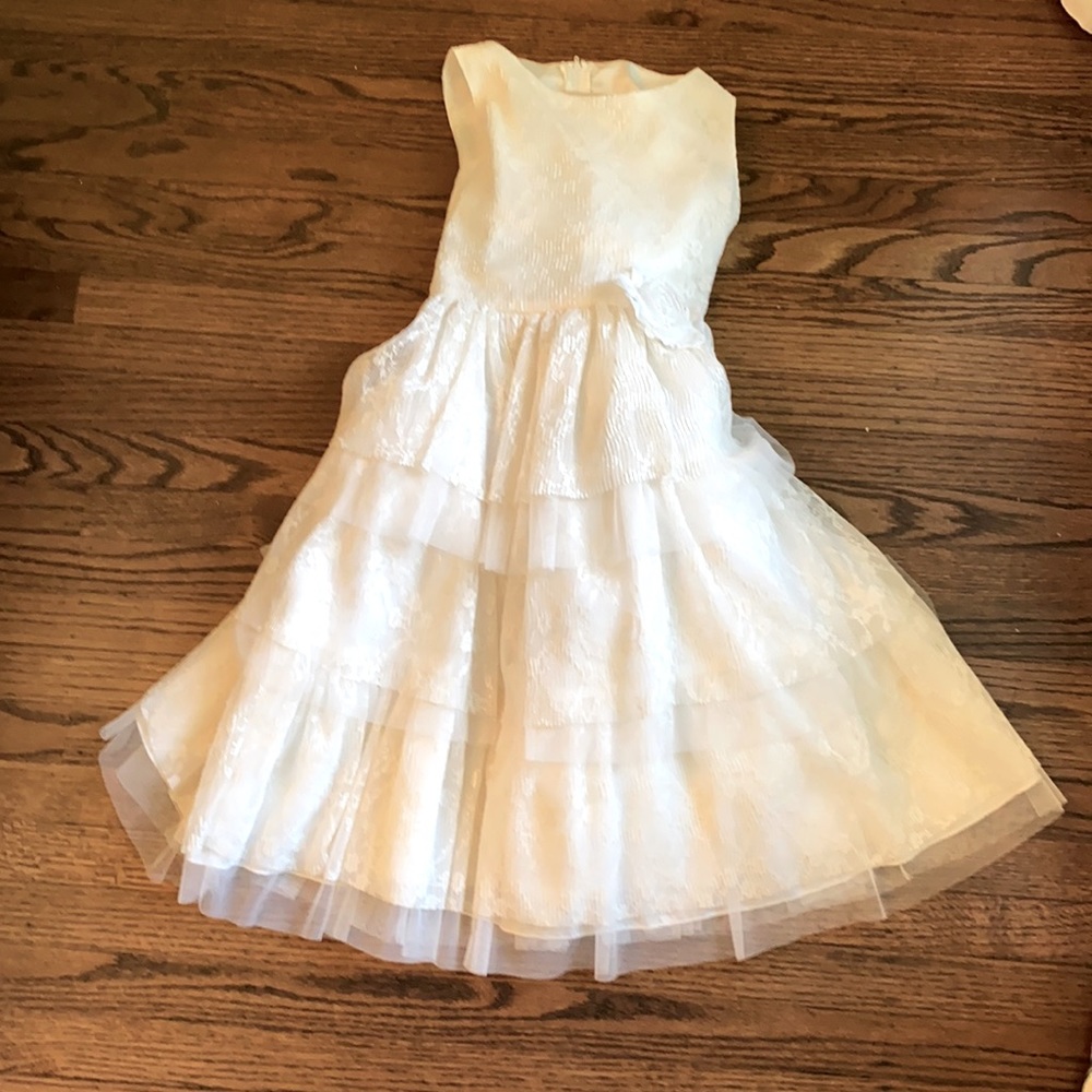 Girls Multi tier ivory flower girl dress.